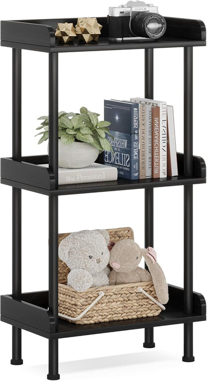 Hosfais Bookshelf Small Book Shelf, 3 Tier Wood Bookcase Industrial Bookshelf with Edge Protection Metal Standing Book Shelves Display Book Rack for Living Room Bedroom Home Office (Black)