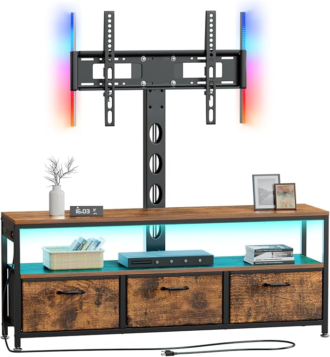 JUSTOGO TV Stand with Mount and Power Outlet, TV Stand with Drawers Storage for Living Room Bedroom, LED Entertainment Center for 45/55/60/65 inch, Height Adjustable Media Console, Rustic