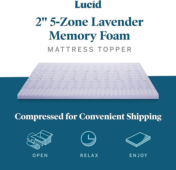 Lucid Lavender Infused 2 Inch Memory Foam Mattress Topper - Twin Size - Plush Feel - 5 Convoluted Zones - CertiPUR Certified - New Home Owner & Dorm Room Essentials