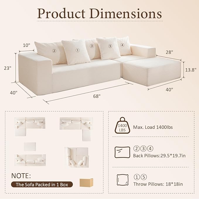 INGEROOM 108" Cloud Sectional Couch with L-Shape Chaise, Modular Sofa Memory Foam, Boneless Sofa with Movable Ottoman, Upholstered Couches for Living Room Bedroom, No Assembly Required, Beige