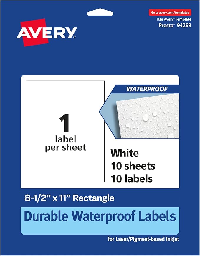 Avery Printable Durable White Rectangle Labels, 8.5" x 11", Waterproof Labels, Laser & Pigment-Based Inkjet Compatible, 10 Total, Great for Product Branding, Marketing, and More