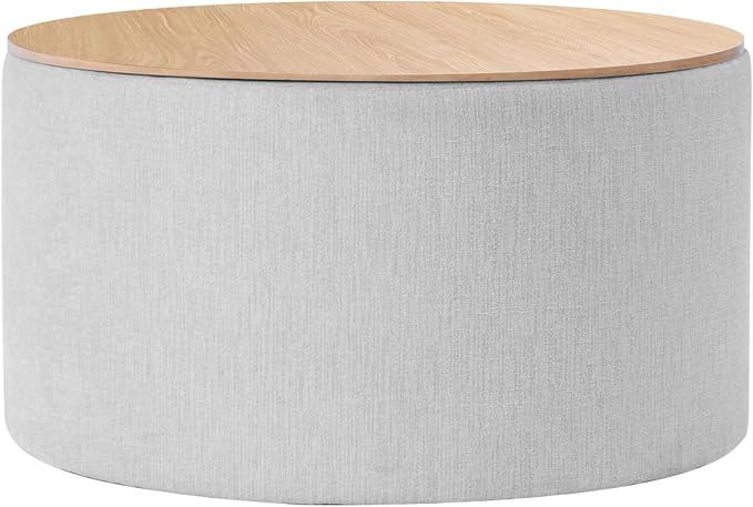 HomePop Storage Ottoman with Wood Grain Top - Light Gray Textured Woven