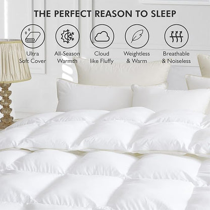 Luxurious White Solid Medium Weight, Twin Size Goose Feathers Down Comforter for All-Season Weather Duvet Insert, Premium Baffle Box, 100% Egyptian Cotton Cover, 55 oz. Fill Weight