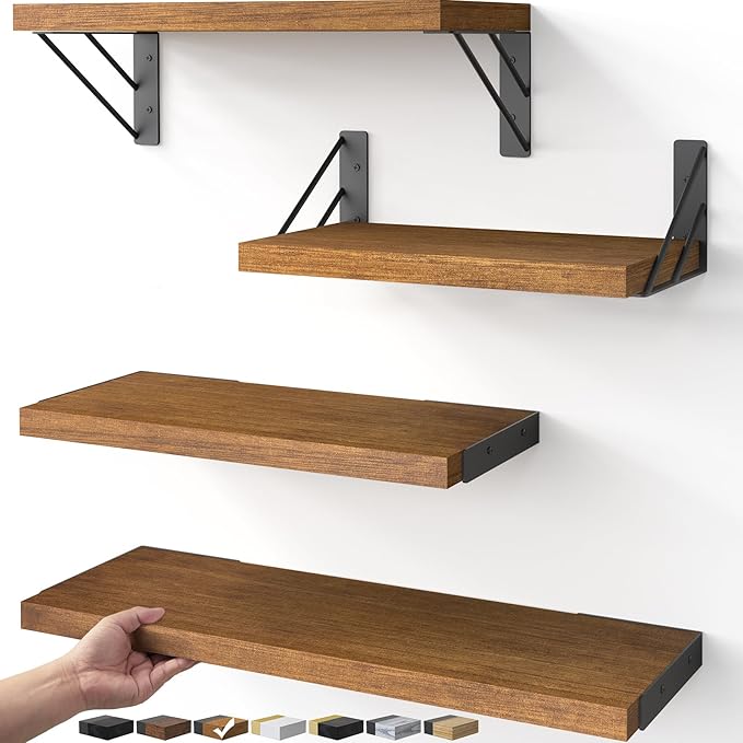 BAYKA Floating Shelves for Wall, Book Shelf for Bedroom, Decor Shelves for Living Room Kitchen, Mounted Wood Floating Shelf for Home Decor, Corner Shelf for Bathroom, Office(Walnut-Toned,Set of 4)