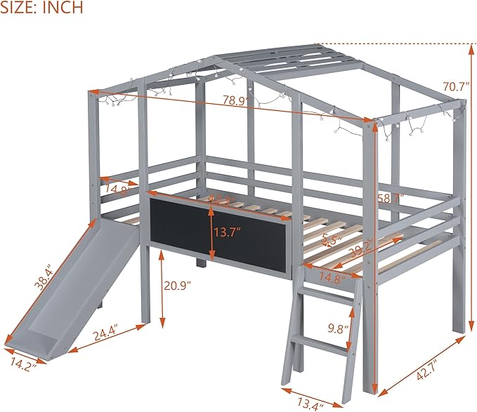 Ball & Cast Twin Size House Loft Bed with Ladder and Slide,Wood Bunkbed w/Blackboard and Light Strip on The Roof,Slat Support,Space Saving,Bedroom Furniture for Student Dorms,Gray