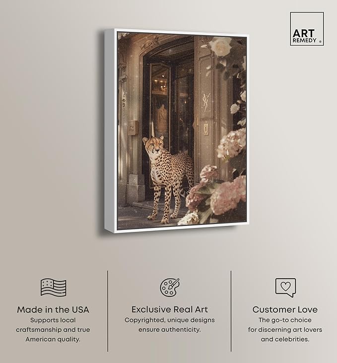 Art Remedy Cheetah at the Store Canvas Fashion Designer Wall Art, White Frame, 16" x 24"