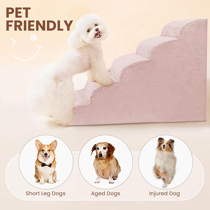 5 Steps Dog Stairs for Bed, 24" Dog Steps for High Bed, High Density Pet Steps for Small Dogs, Extra Wide Non-Slip Dogs Ramp for Injured, Older Pets, Small Cats, Pink