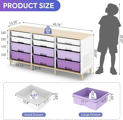 12-Drawer Storage Cabinet with Wooden Tabletop, Versatile Cube Storage Organizer Bin Storage for Home, Office, Playroom, Classroom & Craft Room Storage (Gradient Purple)