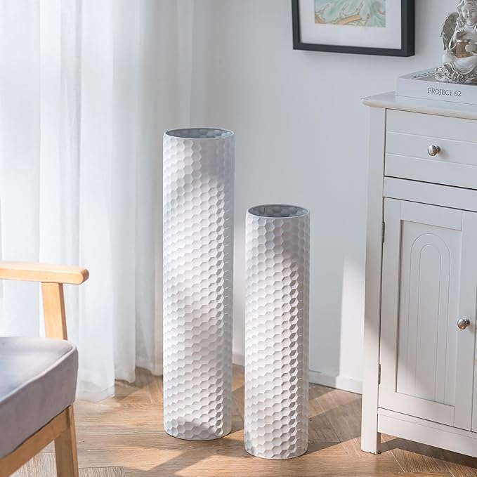 Sziqiqi White Tall Vases for Floor: 27.6/21.7in Metal Cylinder Handmade Flower Holder Extra Large Decorative Vase Set of 2 Modern Honeycomb Texture Big Standing Vase for Living Room Home Corner