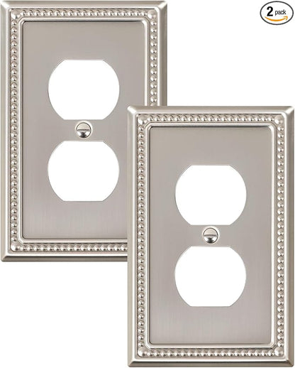 2-Pack Duplex Outlet Cover Plate, Metal Wall Plates for Electrical Outlets, Brushed Nickel 1 Gang Receptacle Cover, Pearls Decorative Switch Plates and Outlet Covers