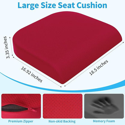 XLarge Seat Cushion, Memory Foam Cushion for Long Sitting Hours on Office Chair, Home & Car, Non-Slip Chair Pad for Relieving Back & Sciatica & Hip & Coccyx Pain (Red)