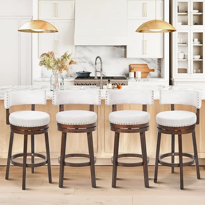 COLAMY Swivel Bar Stools Set of 4, Swivel Counter Height Barstools, 30 Inch Upholstered Barstools for Kitchen Island Dining Room Bar, Beige
