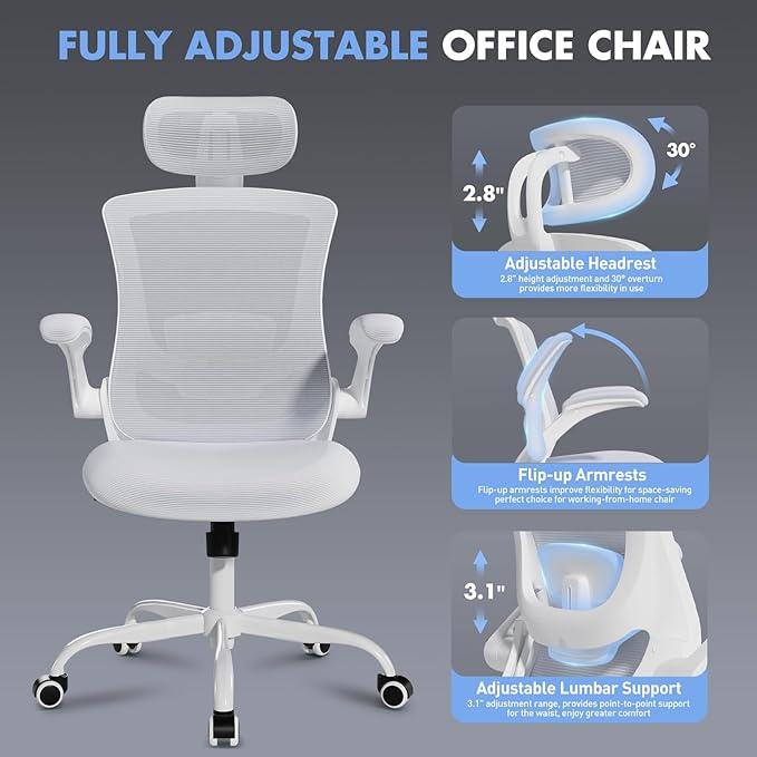 High Back Office Chair with Adjustable Lumbar Support & Headrest, Ergonomic Mesh Desk Chair with Flip-Up Armrests, Breathable & Comfortable Computer Chair for Home, Office & Study, White