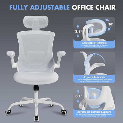 High Back Office Chair with Adjustable Lumbar Support & Headrest, Ergonomic Mesh Desk Chair with Flip-Up Armrests, Breathable & Comfortable Computer Chair for Home, Office & Study, White