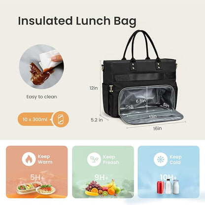LOVEVOOK Insulated Lunch Tote Bag for Women, Large Capacity Work Bag with Laptop Compartment & Cup Holder, Water Resistant Nurse Tote for Office, Leakproof Crossbody Handbag, 15.6 Inch Black-Purple