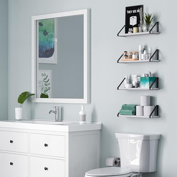 Wallniture Ponza 17'' x 4.5'' Floating Wall Shelf Bathroom, Small Wood Book Shelves for Wall Storage, Wall Mounted Shelf, Dining Room, Bedroom, Living Room, Office & Kitchen Organization, White, 15pcs