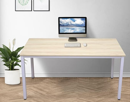 55 inch Large Computer Desk Wood, Modern Simple Style Desk for Home Office, Bedroom, Study Student Writing Desk, Small Spaces, White Metal Frame, Apple Wood Grain Top