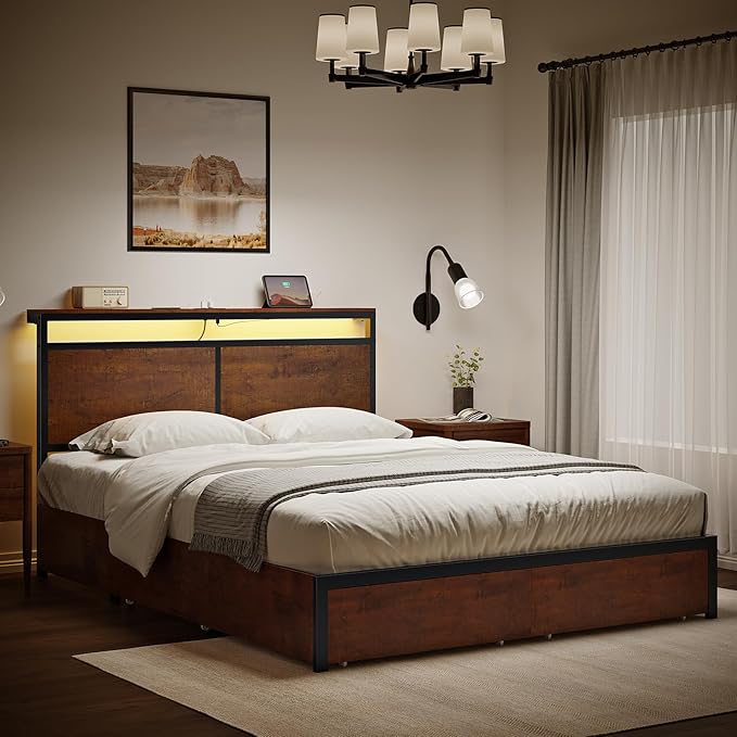 Full Bed Frame with Storage Headboard and 4 Drawers Bed Frame Full Size with Charging Station LED Lights Metal Platform Non-Slip Without Noise No Box Spring Needed