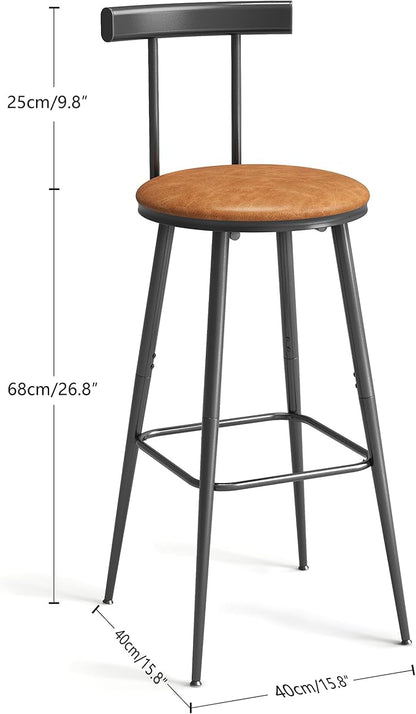 Bar Stools, Set of 2 High Kitchen Barstools, Bar Chairs with Backrest and Footrest, Industrial Counter Stools with PU Soft seat, for Kitchen, Living Room, Pub, Rustic Brown BS-013RB
