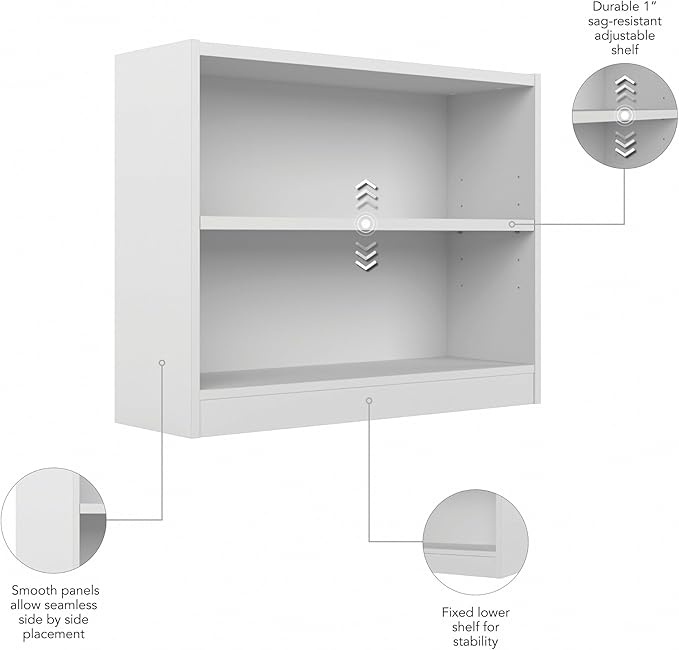 Bush Furniture Universal Small 2 Shelf Bookcase in White, Low Storage and Display Bookshelf for Home Office or Living Room Organization