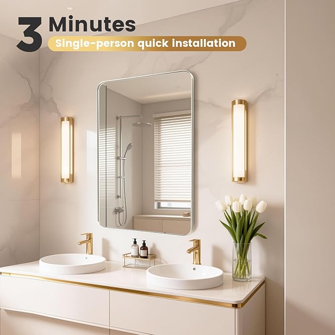 22X32 Inch Brushed Nickel Bathroom Mirror for Wall, Brushed Silver Metal Framed Mirror, Rounded Rectangle Silver Bathroom Mirrors, Tempered Glass, Anti-Rust, Hangs Horizontally or Vertically