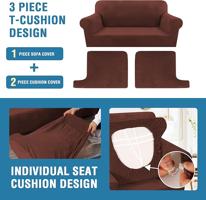 H.VERSAILTEX Sofa Cover 3 Piece T Cushion Loveseat Slipcovers Thick Velvet Couch Cover Stretch T Cushion Sofa Covers for 2 Cushion Couch with 2 Individual T Cushion Covers, Burnt Brick