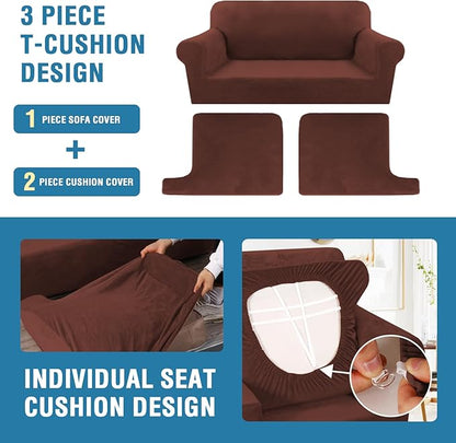 H.VERSAILTEX Sofa Cover 3 Piece T Cushion Loveseat Slipcovers Thick Velvet Couch Cover Stretch T Cushion Sofa Covers for 2 Cushion Couch with 2 Individual T Cushion Covers, Burnt Brick