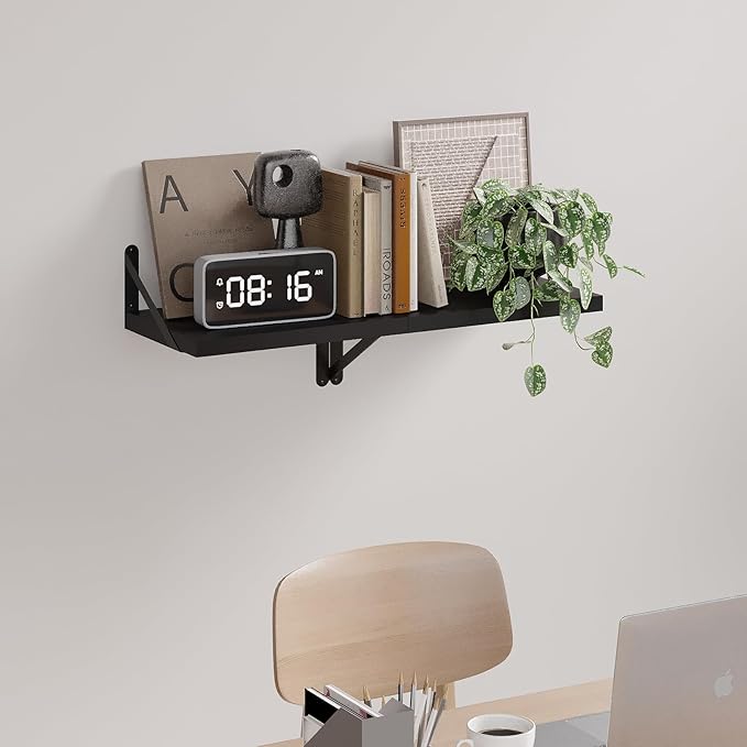 SAUMONIERES Floating Shelves Wall Bookshelf for Bedroom Bathroom Living Room Wood Wall Mounted Wide Deep Storage, Black Painted Wall Shelves Set of 2