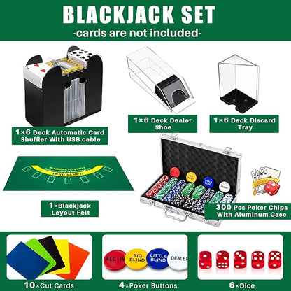 Aoriher Blackjack Casino Game Set, Include 300 Poker Chips, Casino Felt 1 Automatic Card Shuffler 6 Deck Dealer Shoe Discard Holder Tray Aluminum Case for Texas Holdem Blackjack Poker(Green)
