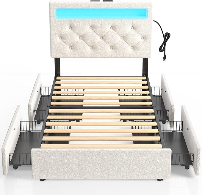 Rolanstar Twin Bed Frame with 4 Storage Drawers and Charging Station,Twin Bed with Led Lights, 2 USB & 1 Type C, Adjustable Headboard 38.9/40.8 Inches, No Box Spring Needed, White
