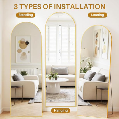 Mirror Full Length 64"x21" Arched Floor Mirror with Stand, Aluminum Alloy Frame & Shatterproof Glass Full Body Mirror, Freestanding Hanging or Leaning Wall Mirrors for Bedroom Closet Living Room