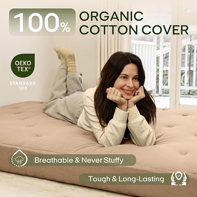 ZonLi Japanese Floor Futon Mattress Twin Size 39"x 75",100% Cotton Cover 6'' Thicken Tatami Mattress,Foldable Sleeping Pad,Portable Dormitory Tatami Mat,Roll Up Floor Lounger Bed for Adult (Khaki)