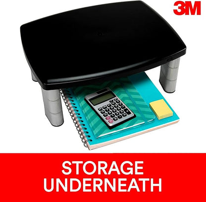3M Adjustable Monitor Stand, Three Leg Segments Simply Adjust Height from 1" to 5 7/8", Sturdy Platform Holds Up to 80 lbs, 11-inch Space Between Columns for Storage, Silver/Black (MS80B)