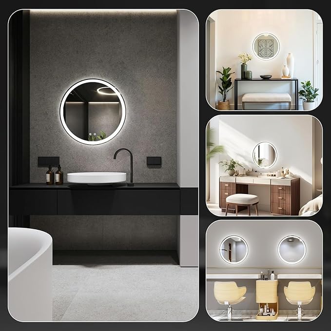 Simple Deluxe Round LED Bathroom Mirror with Lights, Smart Anti-Fog LED Bathroom Mirror with Circular Dual Lights and 3-Color Temperature Memory dimming (30inch)