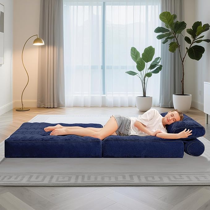 HABUTWAY Folding Sofa Bed, Convertible Sleeper Chair Bed w/Dual-Pillow & Handle, Foldable Floor Sofa Lounge w/Back Support for Living Room, Bedroom, Apartment, Office, Navy Blue