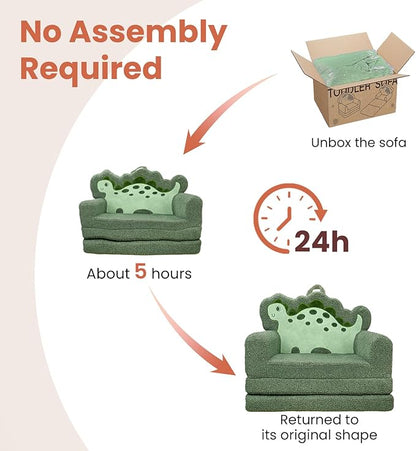 TinyPalsa Kids Couch, Convertible Sofa to Lounger Fold Out, Green Dinosaur Design Chair for Toddlers 1-3, Gift for Movie Night, Camping, and Napping