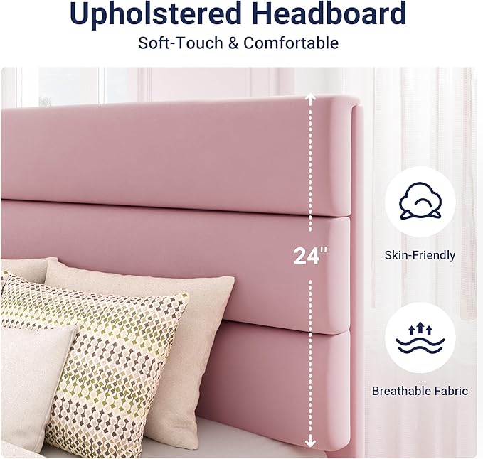 Allewie Twin Size Platform Bed Frame with Velvet Upholstered Headboard and Wooden Slats Support, Fully Upholstered Mattress Foundation/No Box Spring Needed/Easy Assembly, Pink
