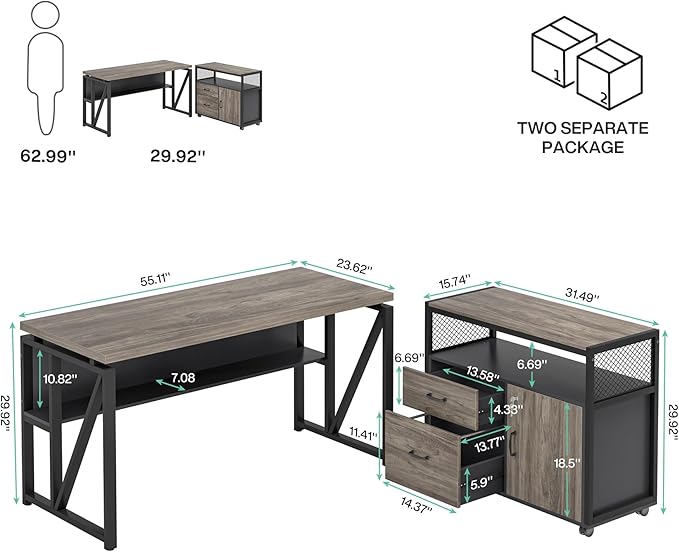 Tribesigns L Shaped Desk with Drawer Cabinet, 55" Executive Computer Desk and lateral File Cabinet, 2 Piece Home Office Furniture with Drawers for Hanging File, Doors with Locks (Gray, 55 inches)