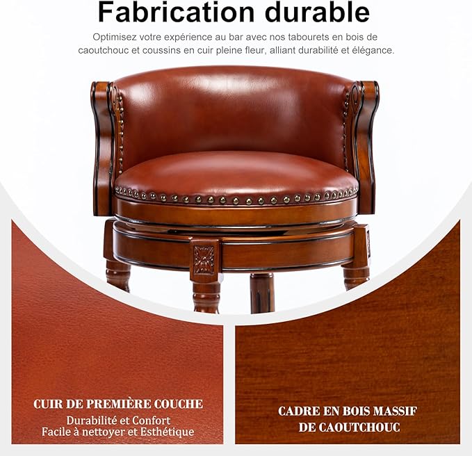 Cow top Leather Wooden Bar Stools, 26" Counter Height Bar Chair with Back, 180 Degrees Swivel Barstools Chair for Home Kitchen Counter,Dining Room, Restaurant