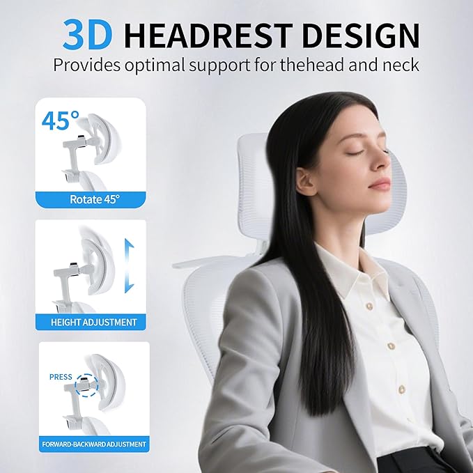 Ergonomic Mesh Office Chair, 400 lbs Capacity, High Back Desk Chair with Adjustable Lumbar Support, 3D Headrest, Flip-Up Armrests, and PU Wheels for Long Workdays and Home Office (White)