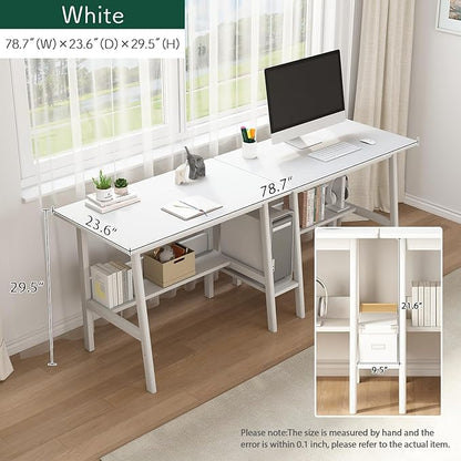 2-Person Writing Desk with Bookshelf - 79" Wooden Extra Long Home Office Work Table, Double Study Computer Workstation with Storage Shelves in White, 79" W x 24" D