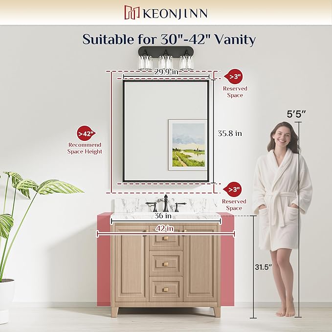 Keonjinn 30 x 36 Inch Black Bathroom Mirror, Beveled Rectangle Framed Mirror for Wall, Black Bathroom Vanity Mirror for Over Sink, Tempered Glass, Square Corner, Farmhouse Style