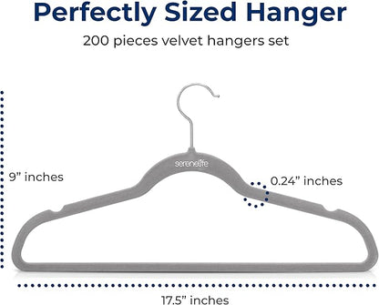 SereneLife 200-Pack Velvet Hangers – Space-Saving Non-Slip Gray Clothes Hangers with 360° Swivel Hooks, Heavy Duty Ultra-Thin Design for Coats, Shirts, Dresses & More – Durable & Lightweight