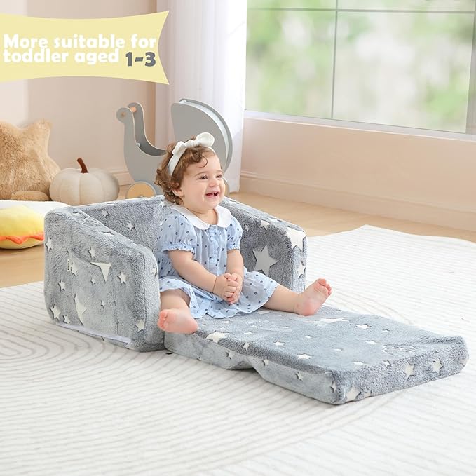 Kids Couch Fold Out, Foldable Toddler Couch with Blanket, Kids Sofa for Girls & Boys, Flip Out Toddler Chair, Convertible Sofa to Lounger for Children Age 1-3 (Glow Star)
