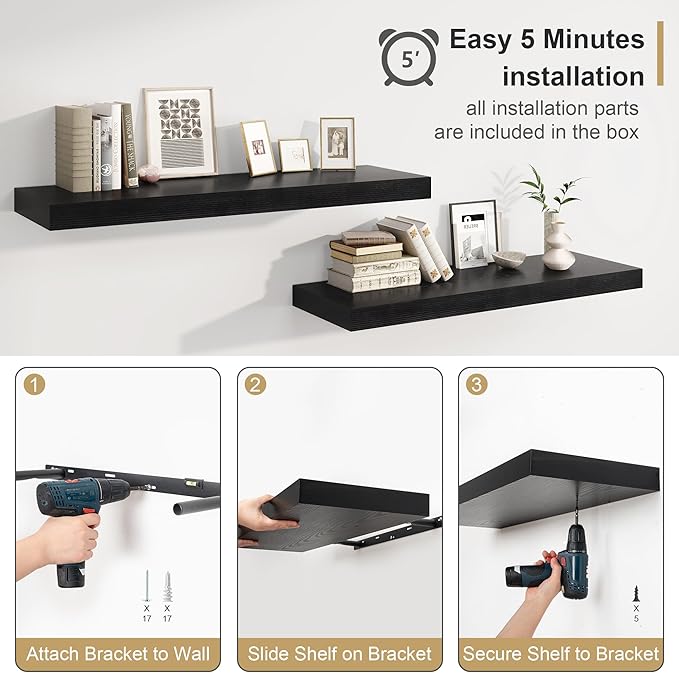 Heimlove 12 Inch Deep Floating Shelves, 55 x 12 inch Extra Long Floating Shelves for Wall, Large Display Shelf & Storage Shelf for Living Room Bedroom Kitchen Home Office, Set of 1, Black