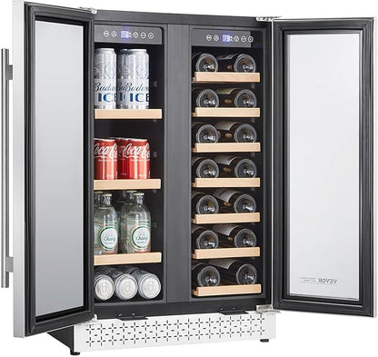 VEVOR Wine and Beverage Refrigerator, 24 in Dual Zone Wine Cooler, Built-in & Freestanding Fridge with Glass Doors, Adjustable Shelves, Digital Temperature Control, 64 Cans and 20 Bottles Capacity