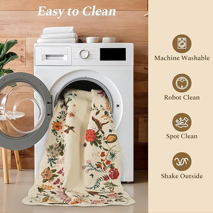 Rugflix Scalloped Floral Rug for Entryway, 2x3 Washable Non-Slip Kitchen Area Rugs, Small Low Pile Indoor Door Mat, Soft Entrance Carpet for Bathroom Bedroom, Cream Beige
