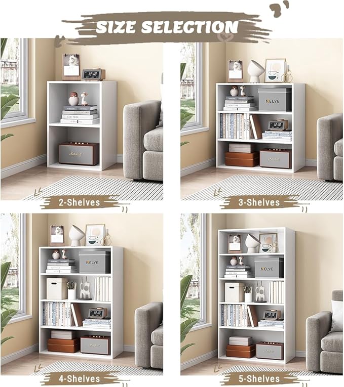 Basic Open Shelf Bookcase - 5-Tier Wooden Cube Storage Shelves Split Bookshelf, White