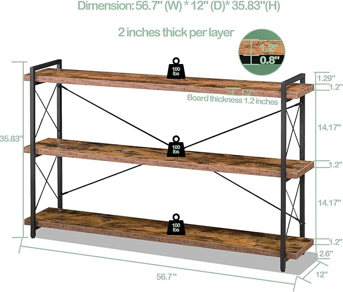 HCHQHS Bookshelf, 3-Tier Long Industrial Bookcase, Rustic Open Book Shelf, Freestanding Horizontal Bookshelves with Metal Frame