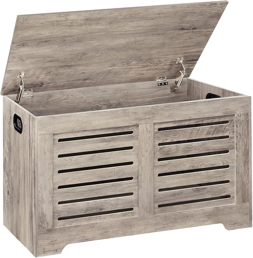 DINZI LVJ Storage Chest, Wooden Toy Box Organizer with 2 Safety Hinges, Flip-top Entryway Shoe Bench, Good Ventilation, Retro Storage Bench for Living Room, Bedroom, Easy Assembly, Greige